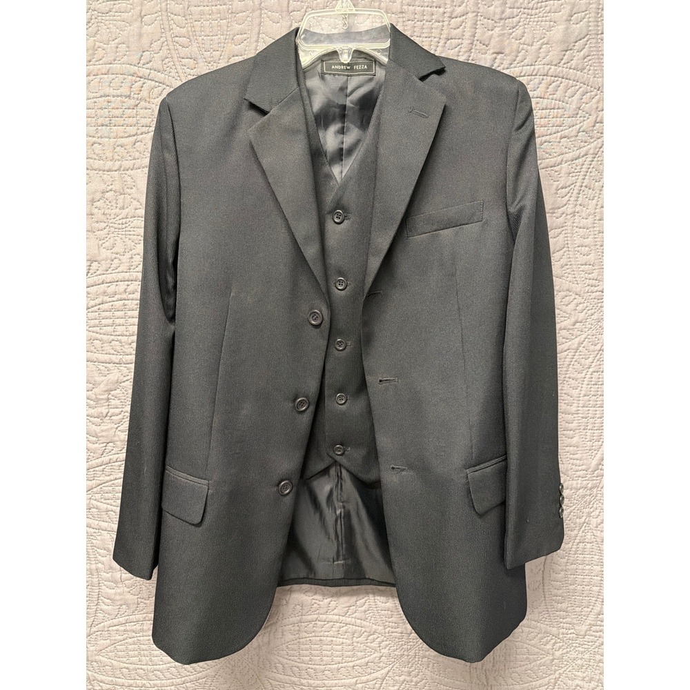 Andrew Fezza Boys Black 2 Piece Suit Jacket and Vest Set Size 18R Formal Blazer